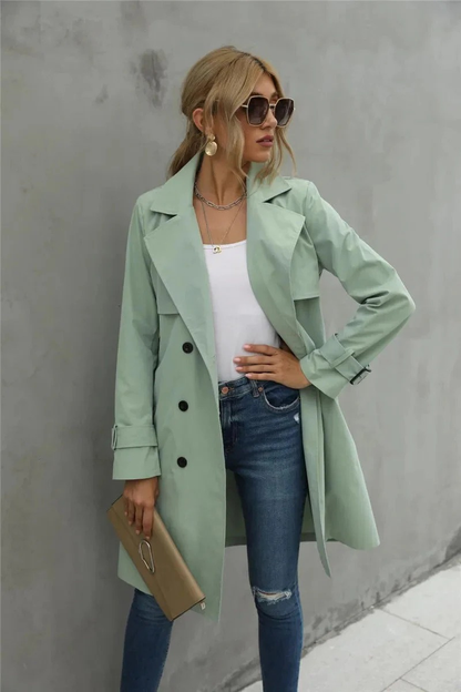 Damen klassischer zweireihiger Trenchcoat, eleganter Mantel für Alltag und besondere Anlässe.