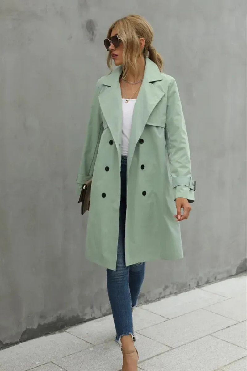 Damen klassischer zweireihiger Trenchcoat, eleganter Mantel für Alltag und besondere Anlässe.