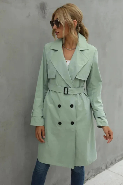 Damen klassischer zweireihiger Trenchcoat, eleganter Mantel für Alltag und besondere Anlässe.