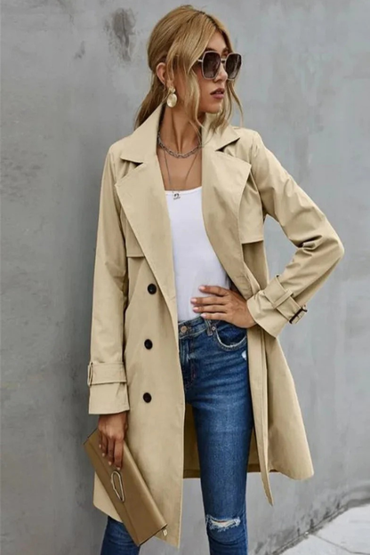 Damen klassischer zweireihiger Trenchcoat, eleganter Mantel für Alltag und besondere Anlässe.