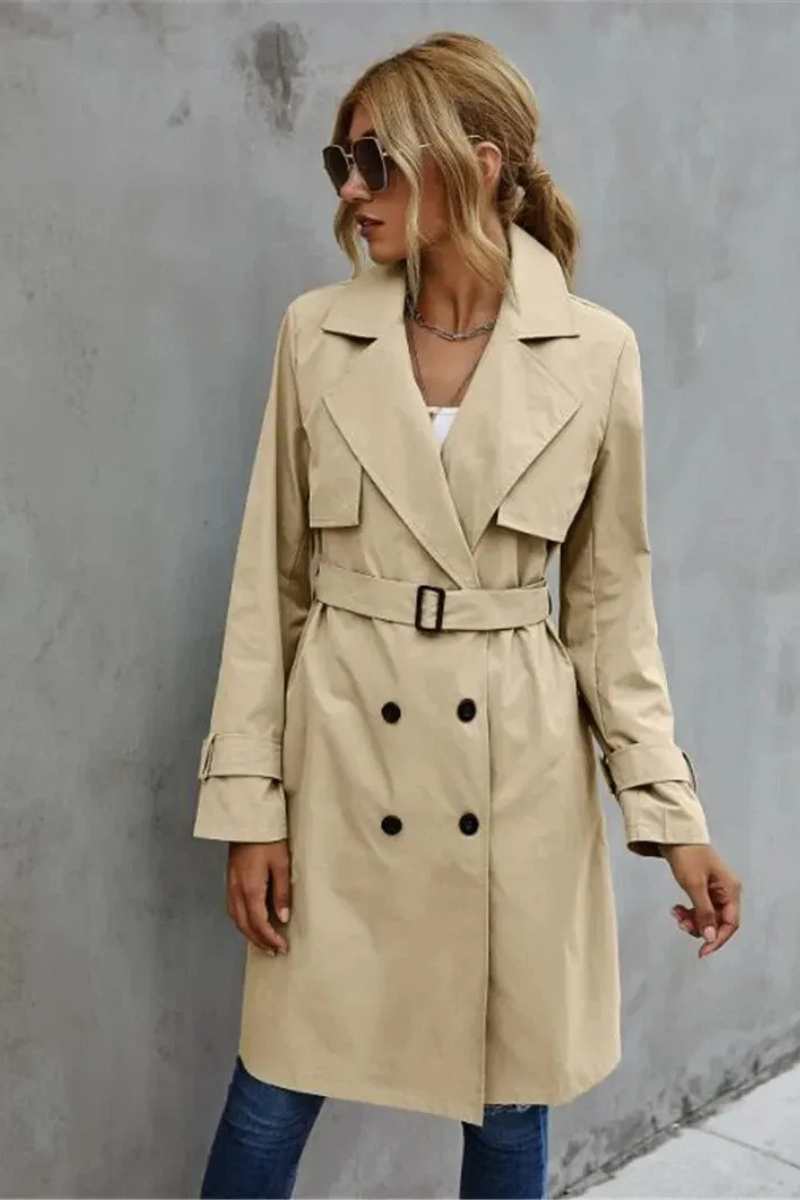 Damen klassischer zweireihiger Trenchcoat, eleganter Mantel für Alltag und besondere Anlässe.