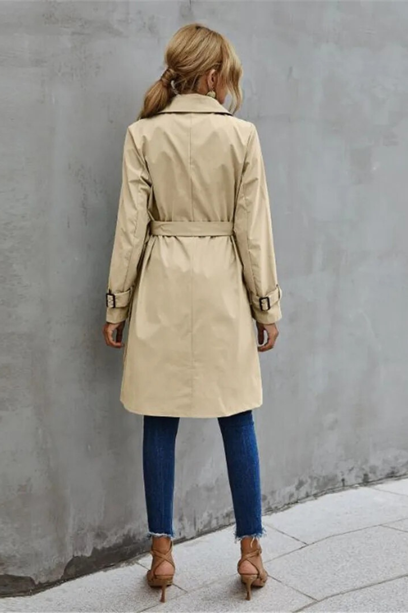 Damen klassischer zweireihiger Trenchcoat, eleganter Mantel für Alltag und besondere Anlässe.