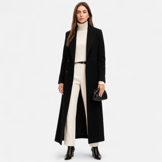 Damen langer eleganter Wintermantel, stilvoller Mantel für kalte Tage und festliche Anlässe
