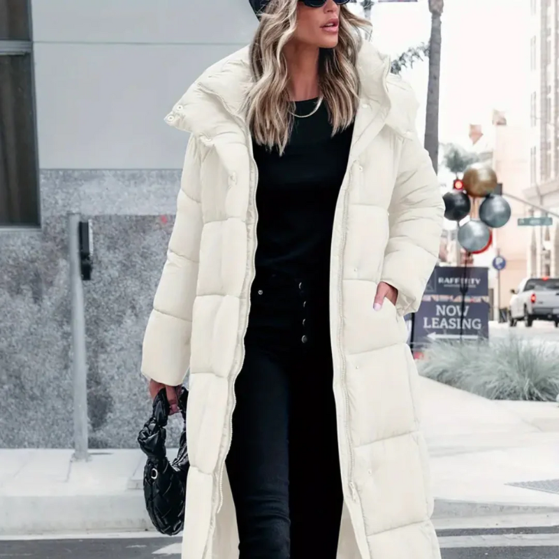 Damen langer gesteppter Wintermantel mit elegantem Design für warme und stilvolle Wintertage