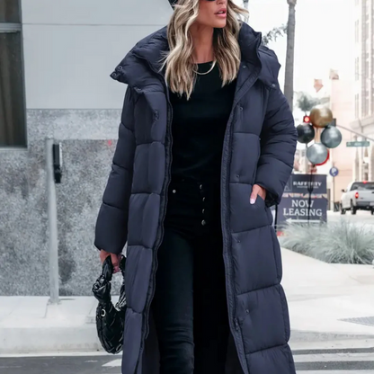 Damen langer gesteppter Wintermantel mit elegantem Design für warme und stilvolle Wintertage