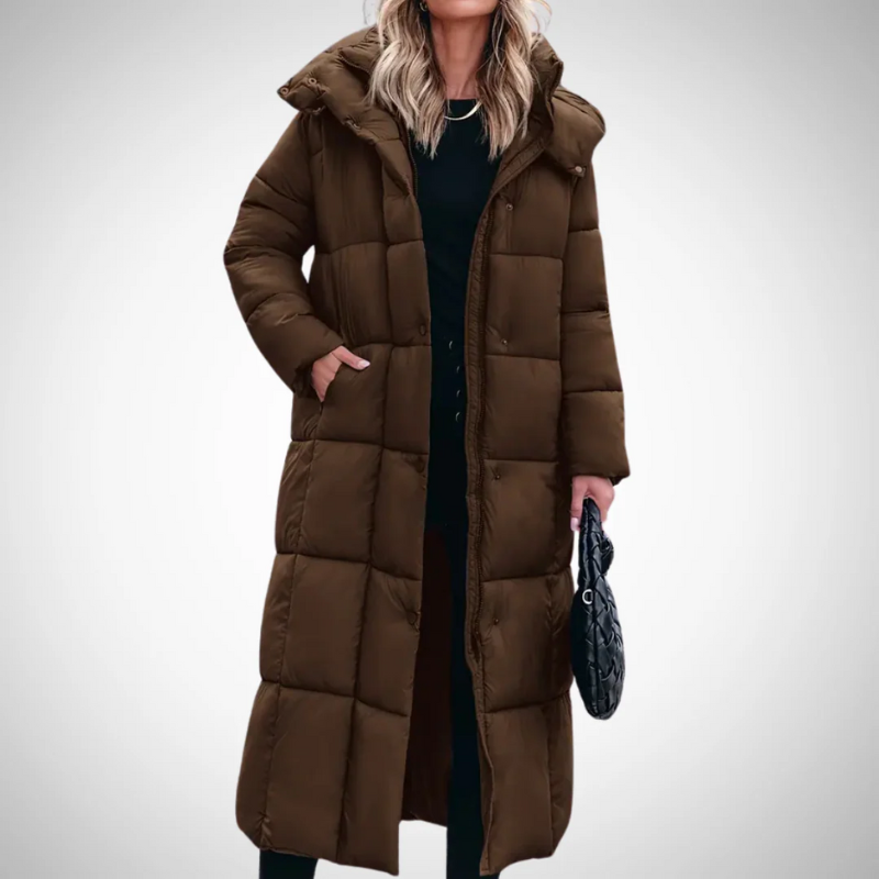 Damen langer gesteppter Wintermantel mit elegantem Design für warme und stilvolle Wintertage