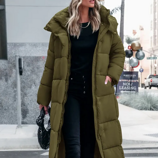 Damen langer gesteppter Wintermantel mit elegantem Design für warme und stilvolle Wintertage