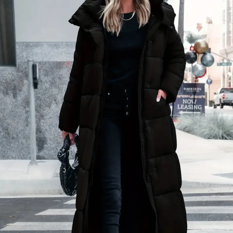 Damen langer gesteppter Wintermantel mit elegantem Design für warme und stilvolle Wintertage