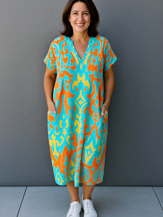 Damen lebendiges luftiges Sommerkleid mit schwungvollem Schnitt, ideal für sommerliche Outfits und fröhliche Anlässe.
