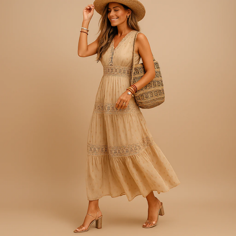 Damen luftiges Boho-Sommerkleid mit lockerer Silhouette für sommerliche Outfits.

