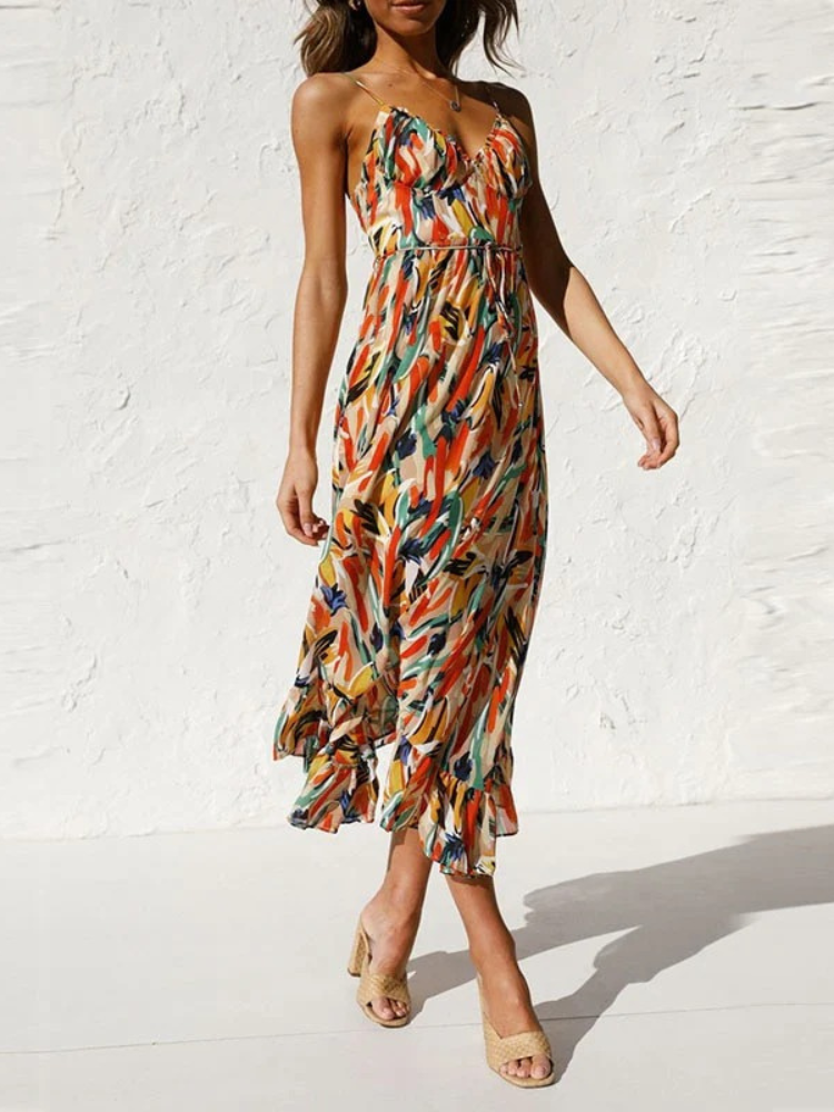 Damen modisches ärmelloses Sommerkleid in modernem Schnitt, ideal für warme Tage.