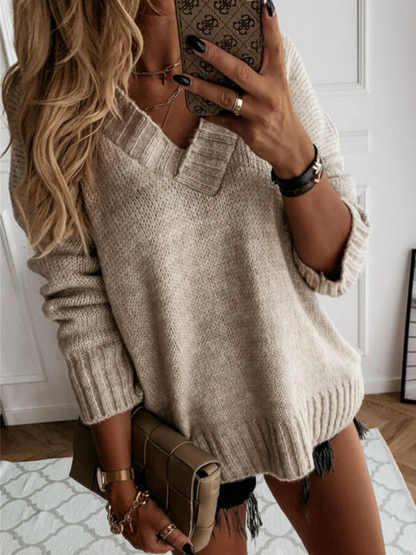 Damen Oversize-V-Ausschnitt-Pullover, lässig und bequem für Alltag und Freizeit