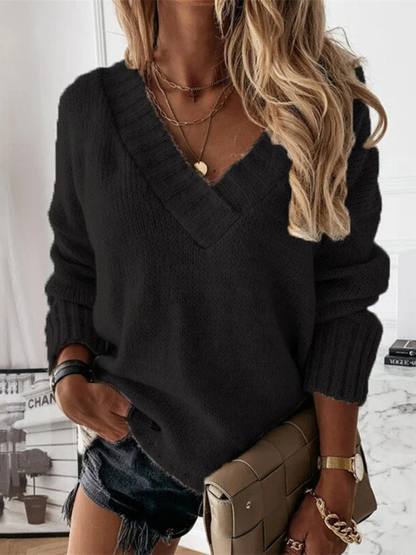 Damen Oversize-V-Ausschnitt-Pullover, lässig und bequem für Alltag und Freizeit