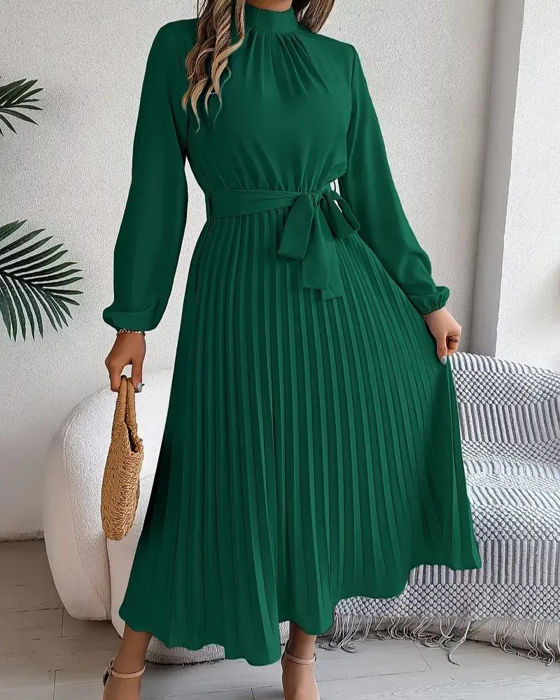 Damen plissiertes Kleid mit langen Ärmeln für Alltag und besondere Anlässe.