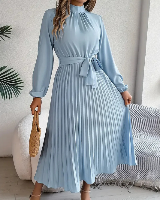 Damen plissiertes Kleid mit langen Ärmeln für Alltag und besondere Anlässe.