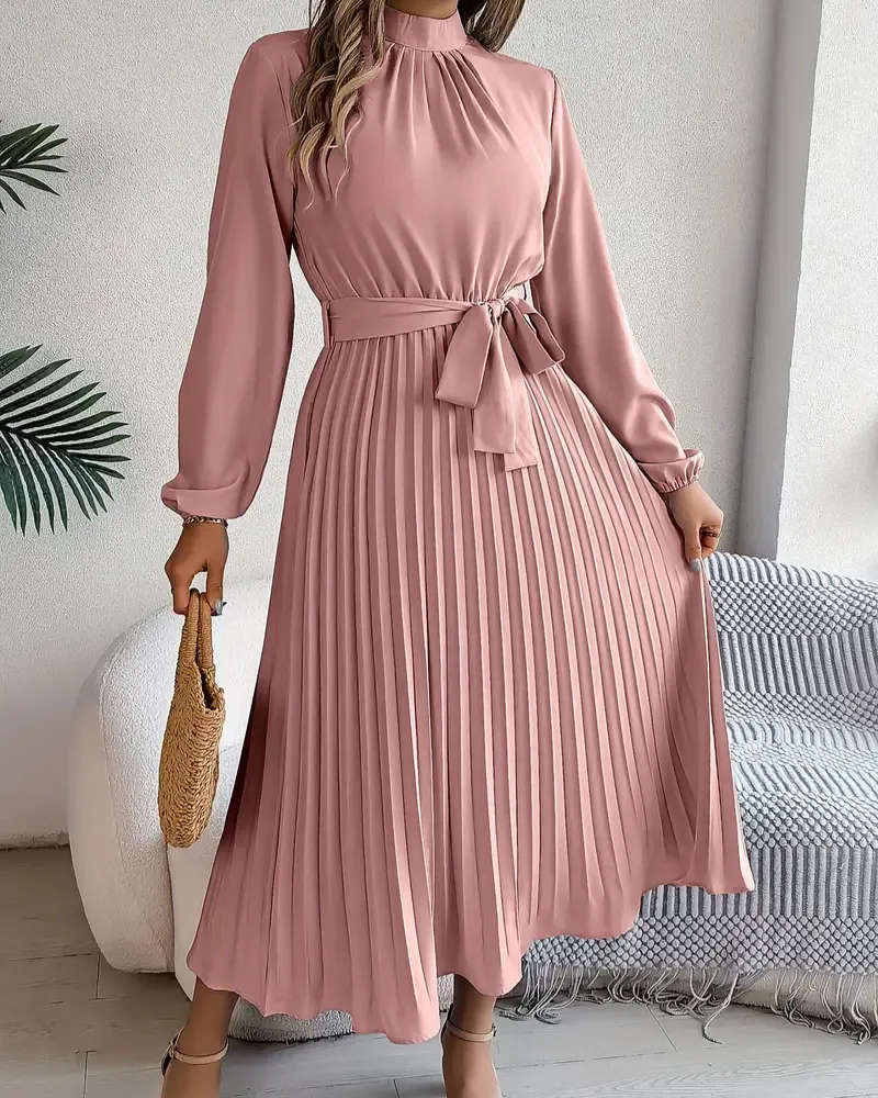 Damen plissiertes Kleid mit langen Ärmeln für Alltag und besondere Anlässe.