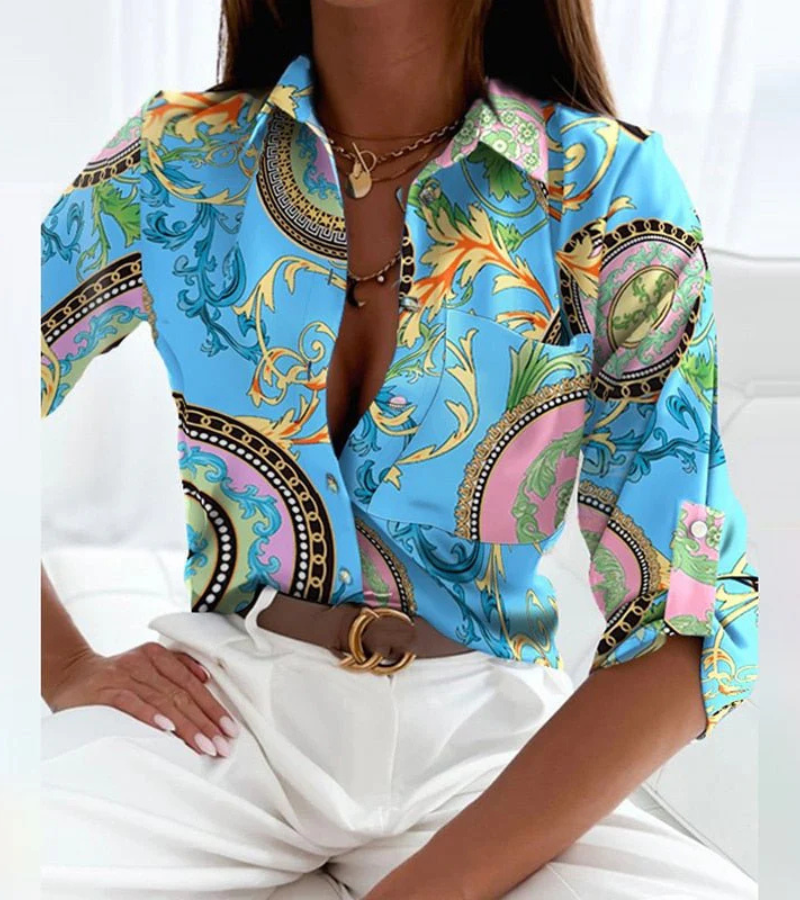  Damen stylische Langarmbluse in modernem Schnitt, geeignet für elegante Outfits im Alltag oder bei besonderen Anlässen.

