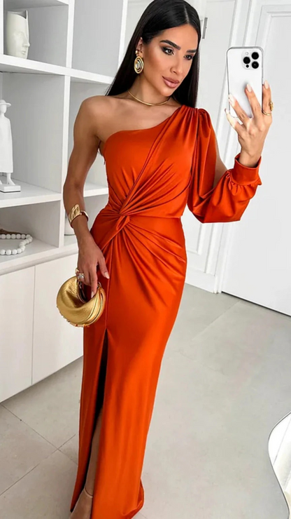 Damen stylisches One-Shoulder-Kleid für Hochzeitsgäste mit asymmetrischem Schnitt, perfekt für festliche Anlässe.