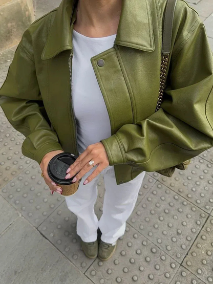 Damen trendige grüne Freizeitjacke, lässiger Look für Alltag und Outdoor-Aktivitäten