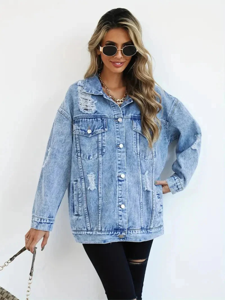 Damen trendige Oversize-Jeansjacke, lässiger Schnitt für Alltag und Freizeit