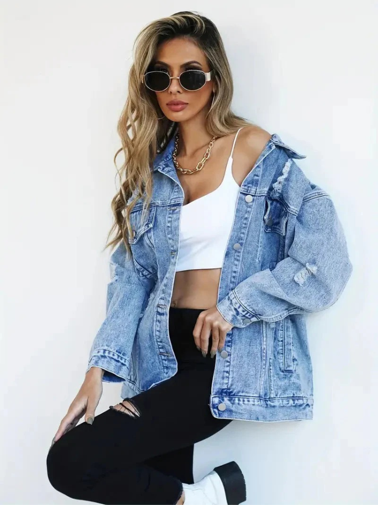 Damen trendige Oversize-Jeansjacke, lässiger Schnitt für Alltag und Freizeit