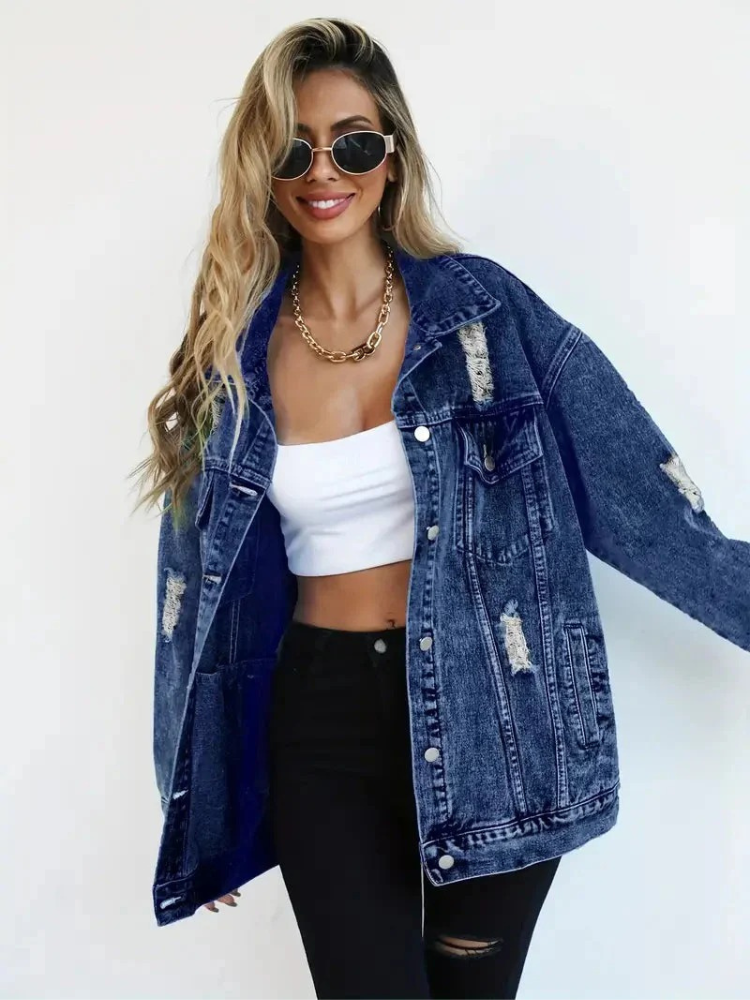 Damen trendige Oversize-Jeansjacke, lässiger Schnitt für Alltag und Freizeit