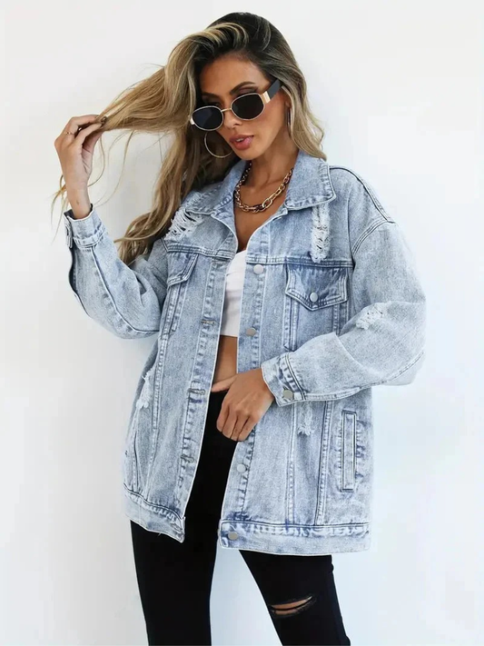 Damen trendige Oversize-Jeansjacke, lässiger Schnitt für Alltag und Freizeit