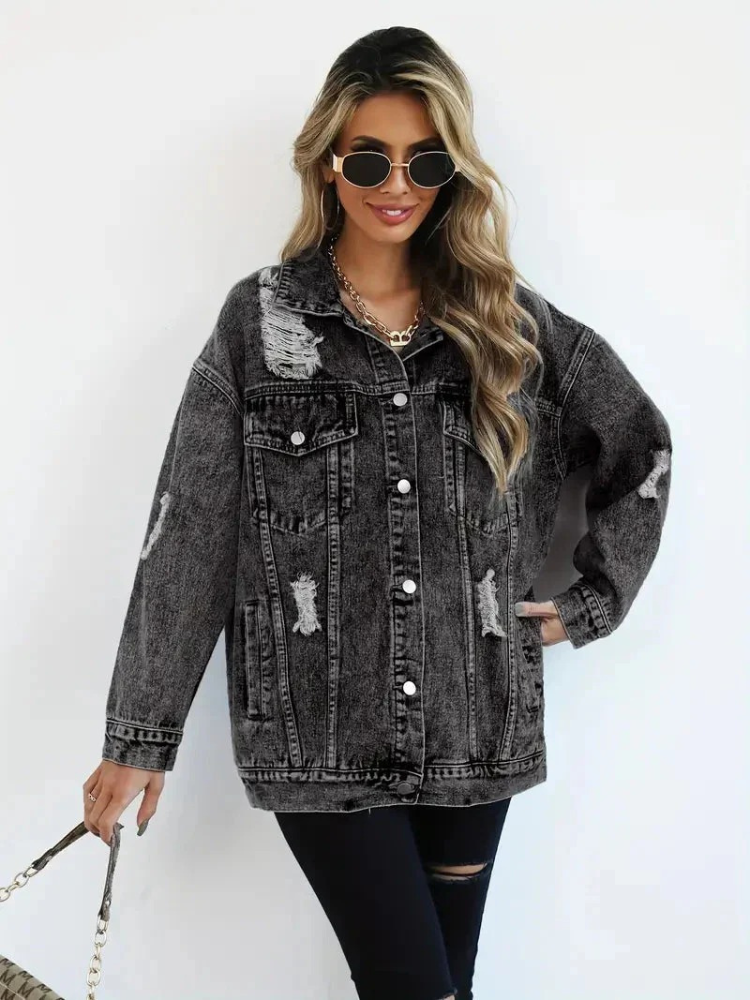 Damen trendige Oversize-Jeansjacke, lässiger Schnitt für Alltag und Freizeit