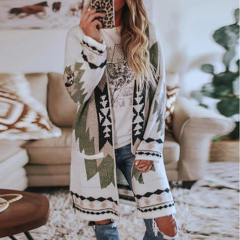 Lange Damenstrickjacke im Vintage-Bohème-Stil für vielseitige Outfits