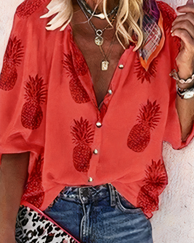 Damen Vintage bunte Bluse mit farbenfrohem Muster und lockerer Passform, ideal für sommerliche Outfits.