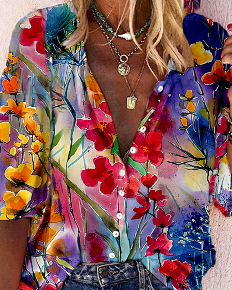 Damen Vintage bunte Bluse mit farbenfrohem Muster und lockerer Passform, ideal für sommerliche Outfits.