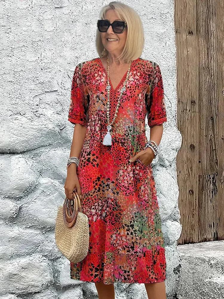 Damen Vintage buntes Midi Sommerkleid für einen farbenfrohen, stilvollen Sommer-Look