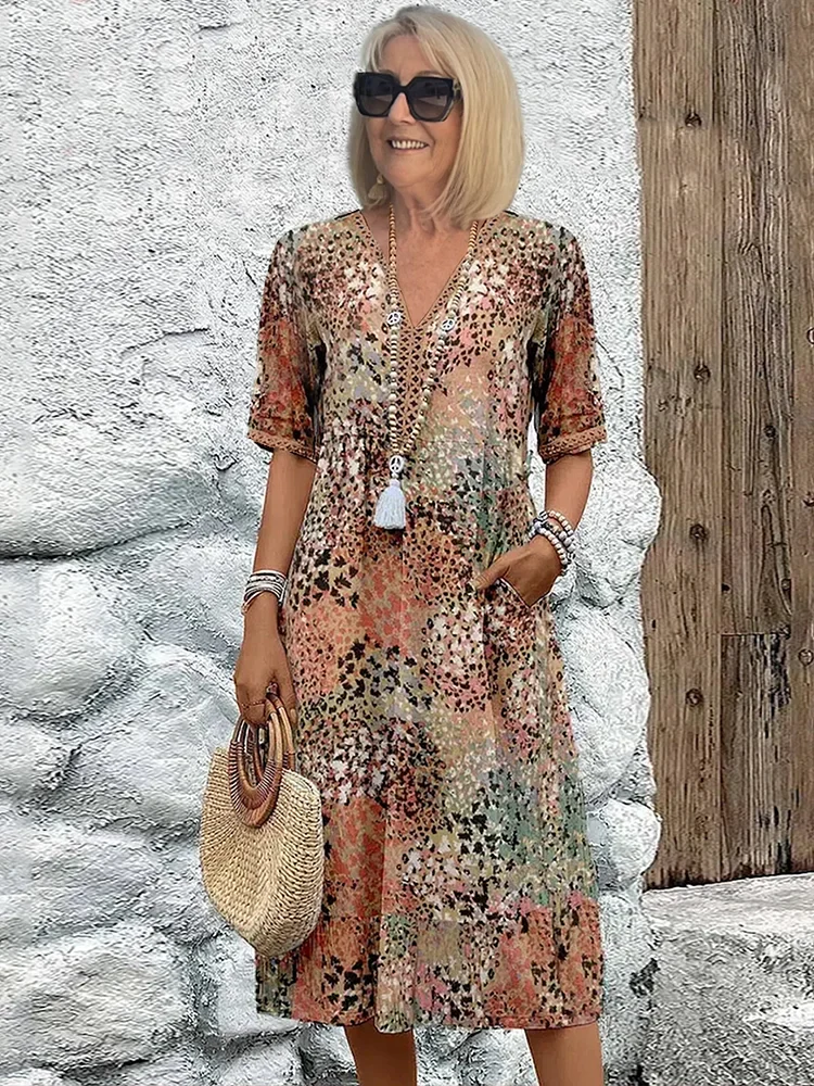 Damen Vintage buntes Midi Sommerkleid für einen farbenfrohen, stilvollen Sommer-Look