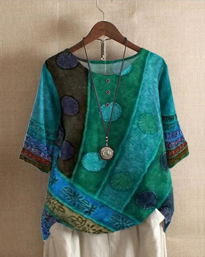 Damen Vintage-lebendiges Oberteil mit farbenfrohem Retro-Muster und bequemer Passform.