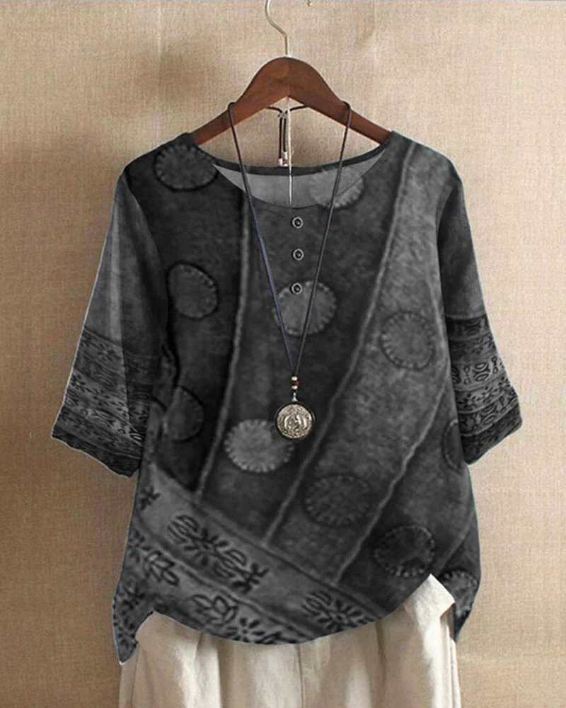 Damen Vintage-lebendiges Oberteil mit farbenfrohem Retro-Muster und bequemer Passform.