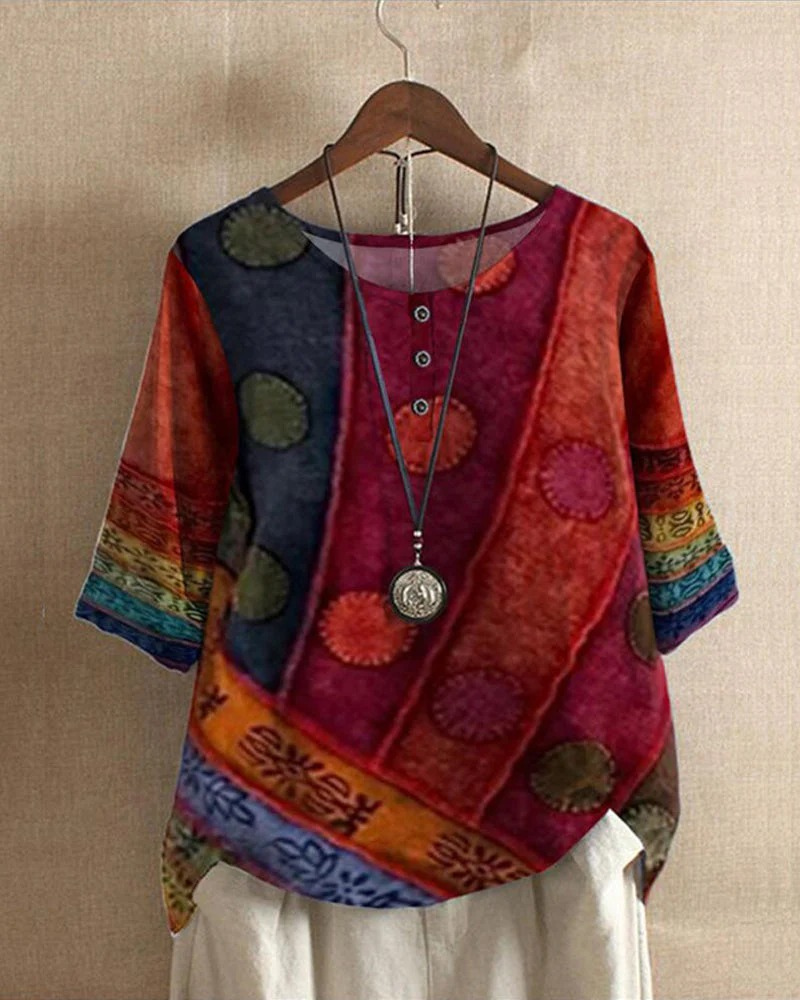 Damen Vintage-lebendiges Oberteil mit farbenfrohem Retro-Muster und bequemer Passform.