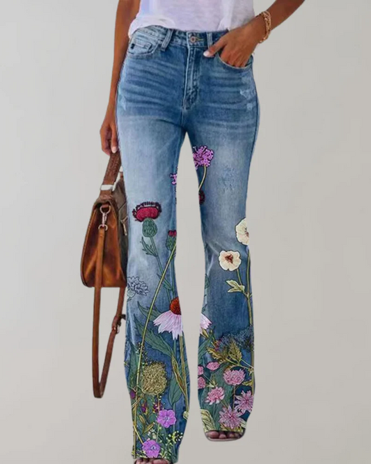  Damen Vintage Schlag-Jeans mit Blumenmuster und Retro-Flair für kreative Looks