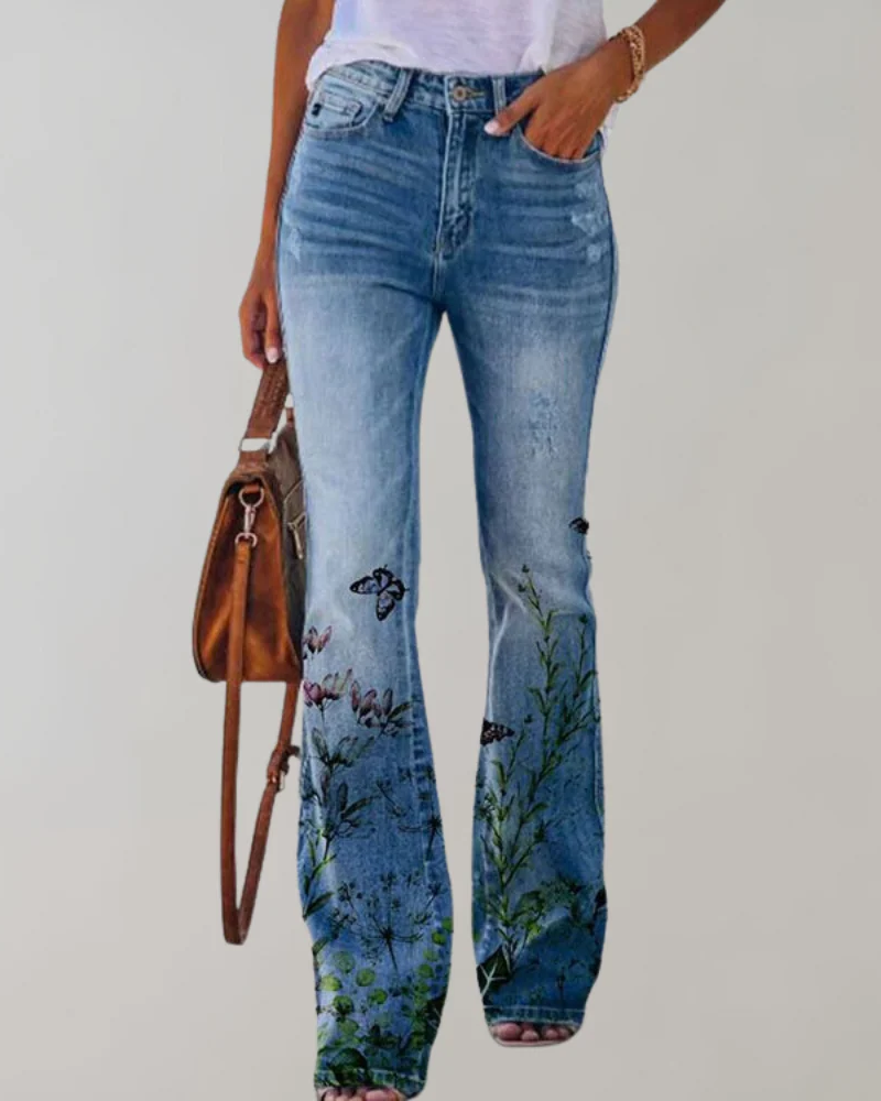  Damen Vintage Schlag-Jeans mit Blumenmuster und Retro-Flair für kreative Looks