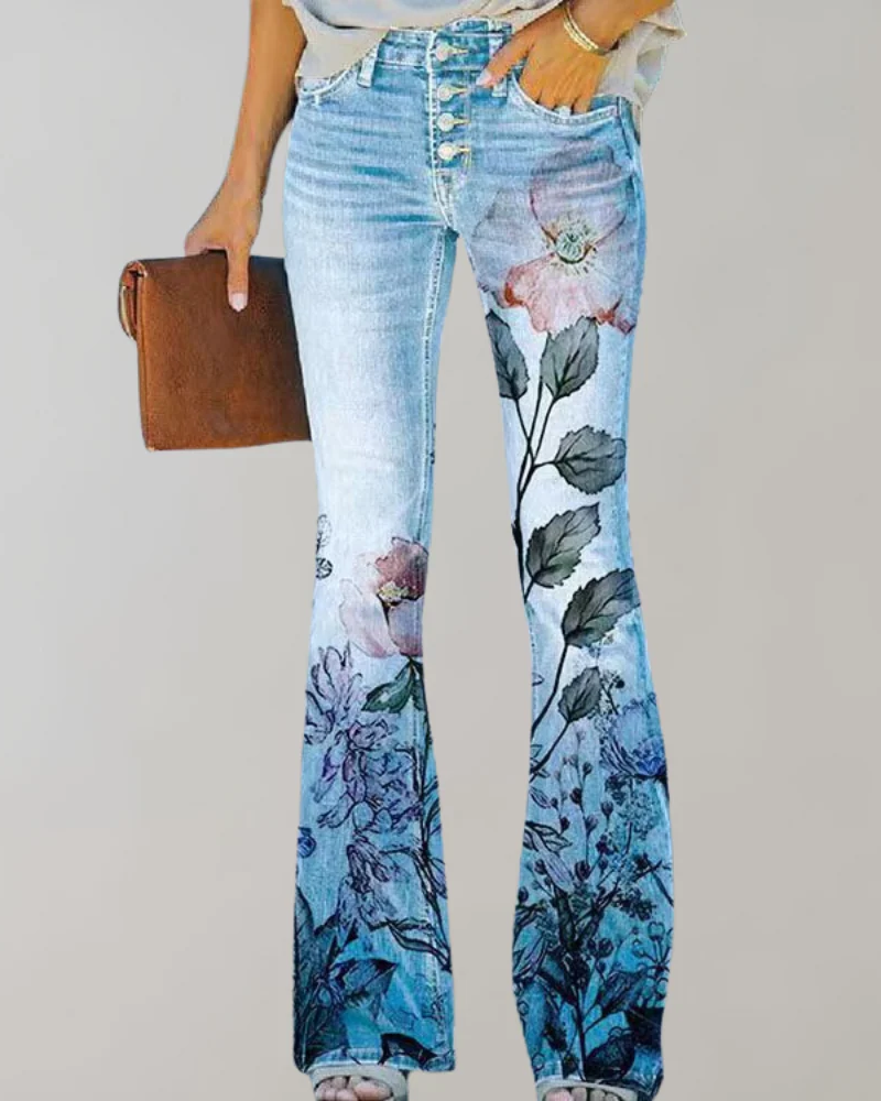  Damen Vintage Schlag-Jeans mit Blumenmuster und Retro-Flair für kreative Looks
