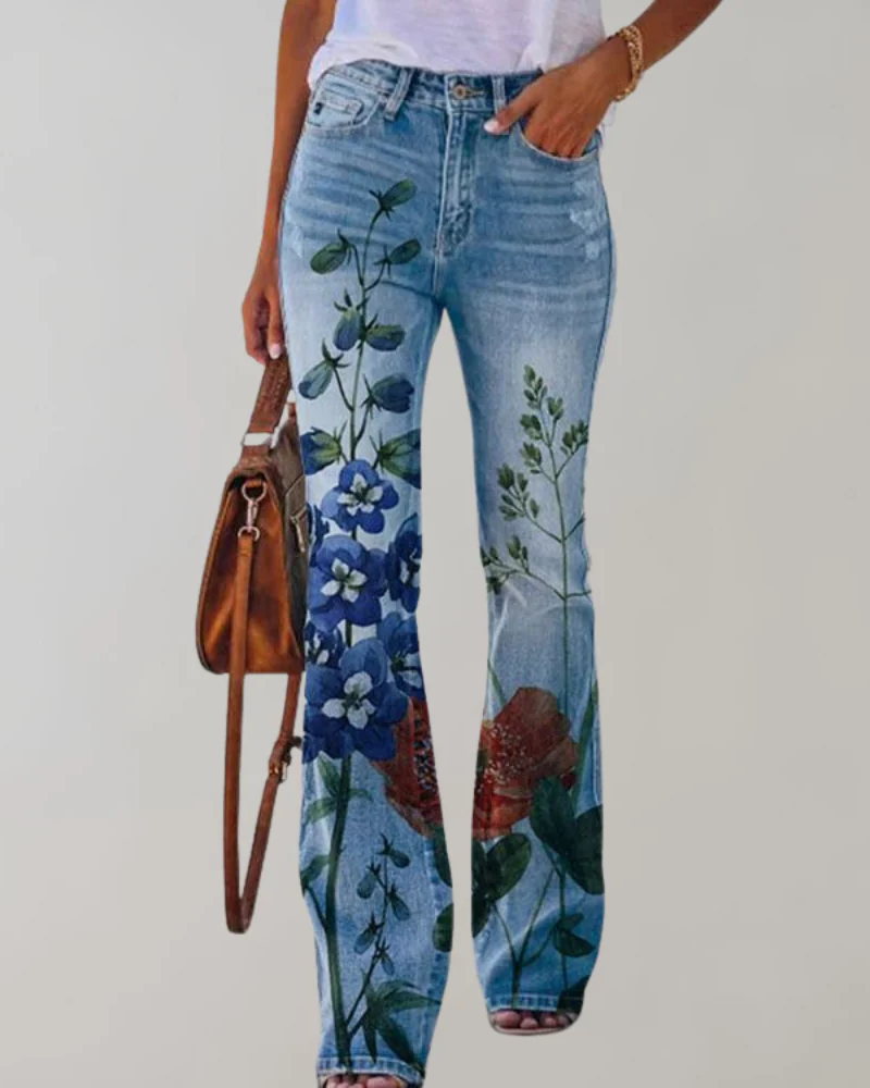  Damen Vintage Schlag-Jeans mit Blumenmuster und Retro-Flair für kreative Looks