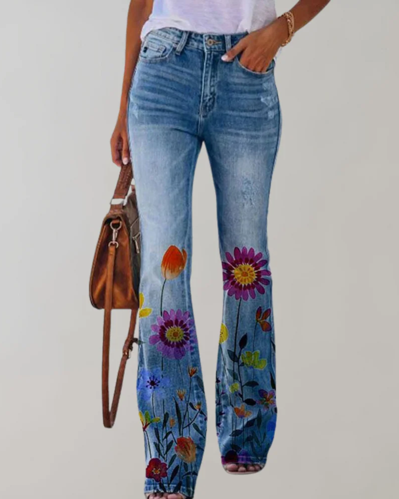  Damen Vintage Schlag-Jeans mit Blumenmuster und Retro-Flair für kreative Looks