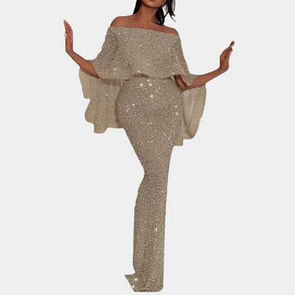 Damen Vintage schulterfreies Paillettenkleid mit funkelnden Details für elegante Anlässe.

