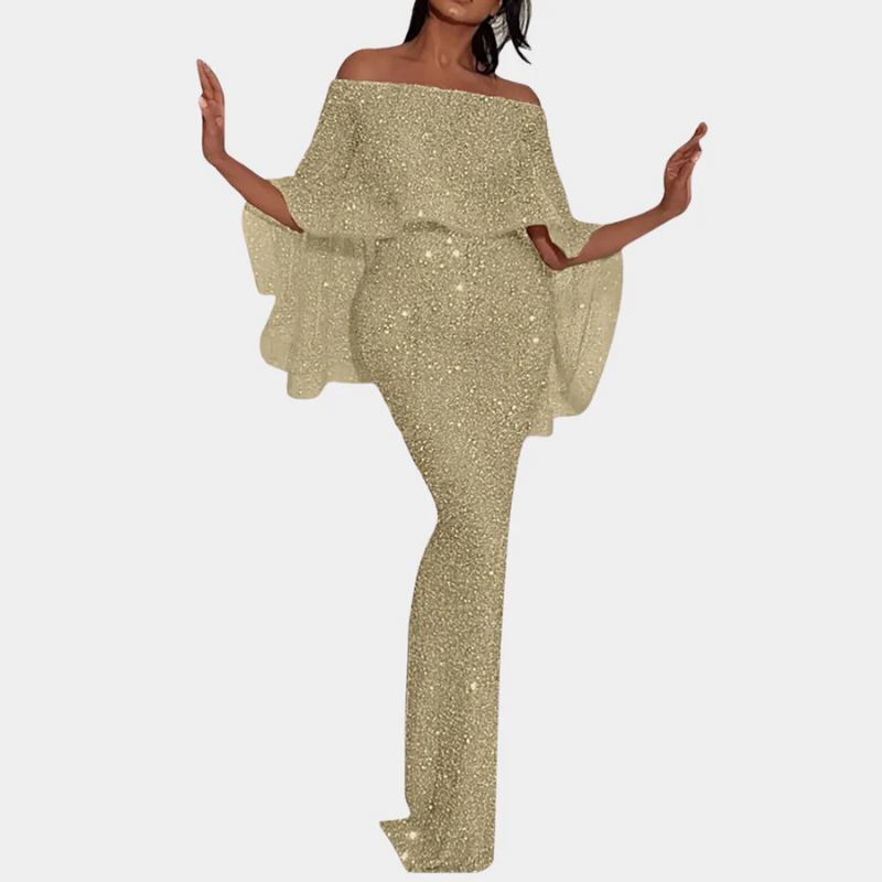 Damen Vintage schulterfreies Paillettenkleid mit funkelnden Details für elegante Anlässe.

