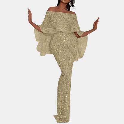 Damen Vintage schulterfreies Paillettenkleid mit funkelnden Details für elegante Anlässe.


