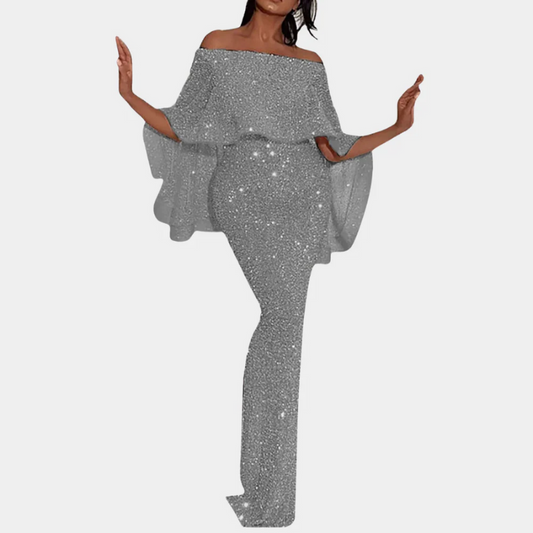 Damen Vintage schulterfreies Paillettenkleid mit funkelnden Details für elegante Anlässe.

