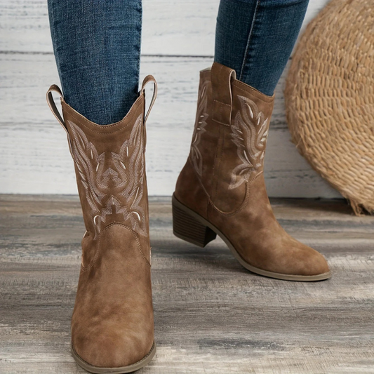 Damen Vintage-Stiefel mit Absatz in elegantem Retro-Design für vielseitige Outfits.


