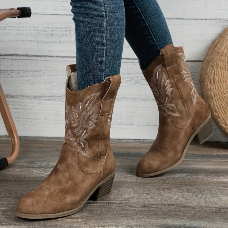 Damen Vintage-Stiefel mit Absatz in elegantem Retro-Design für vielseitige Outfits.

