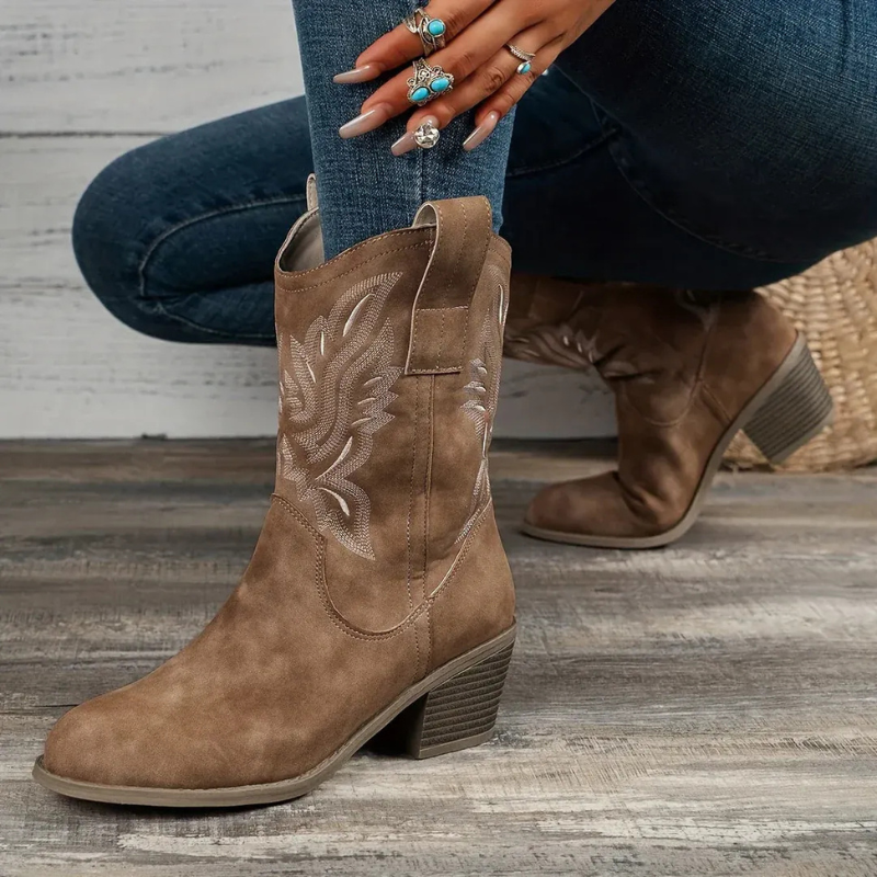 Damen Vintage-Stiefel mit Absatz in elegantem Retro-Design für vielseitige Outfits.


