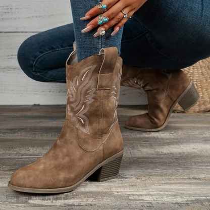 Damen Vintage-Stiefel mit Absatz in elegantem Retro-Design für vielseitige Outfits.

