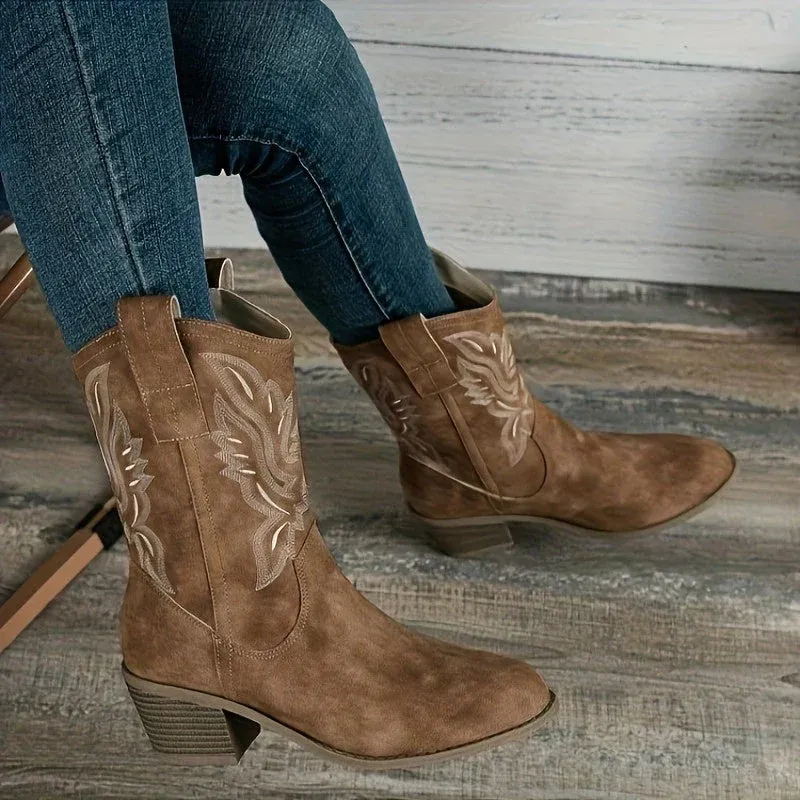 Damen Vintage-Stiefel mit Absatz in elegantem Retro-Design für vielseitige Outfits.

